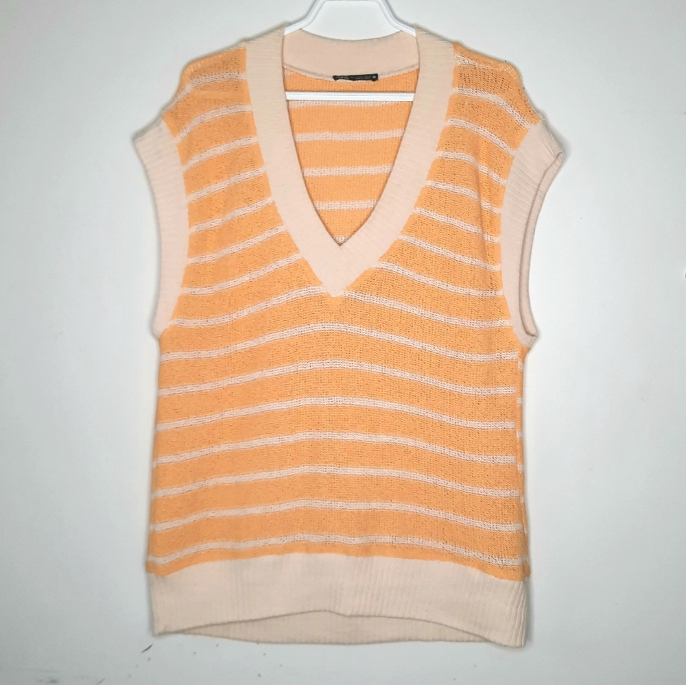 Zara Knit Sweater Vest VNeck Oversized Yellow Gold Cream Stripe Womens Size Sm - Picture 10 of 11